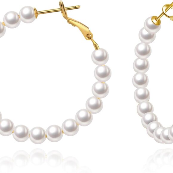 Pearl Hoop Earrings 5MM Thick Sterling Silver Post Lightweight Hypoallergenic - Picture 1 of 7
